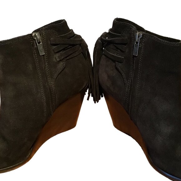 Nwt - FRYE - CeCe Tassel Lace Black Suede Stacked Wedge Heel Booties - Size 7.5M - Picture 9 of 13